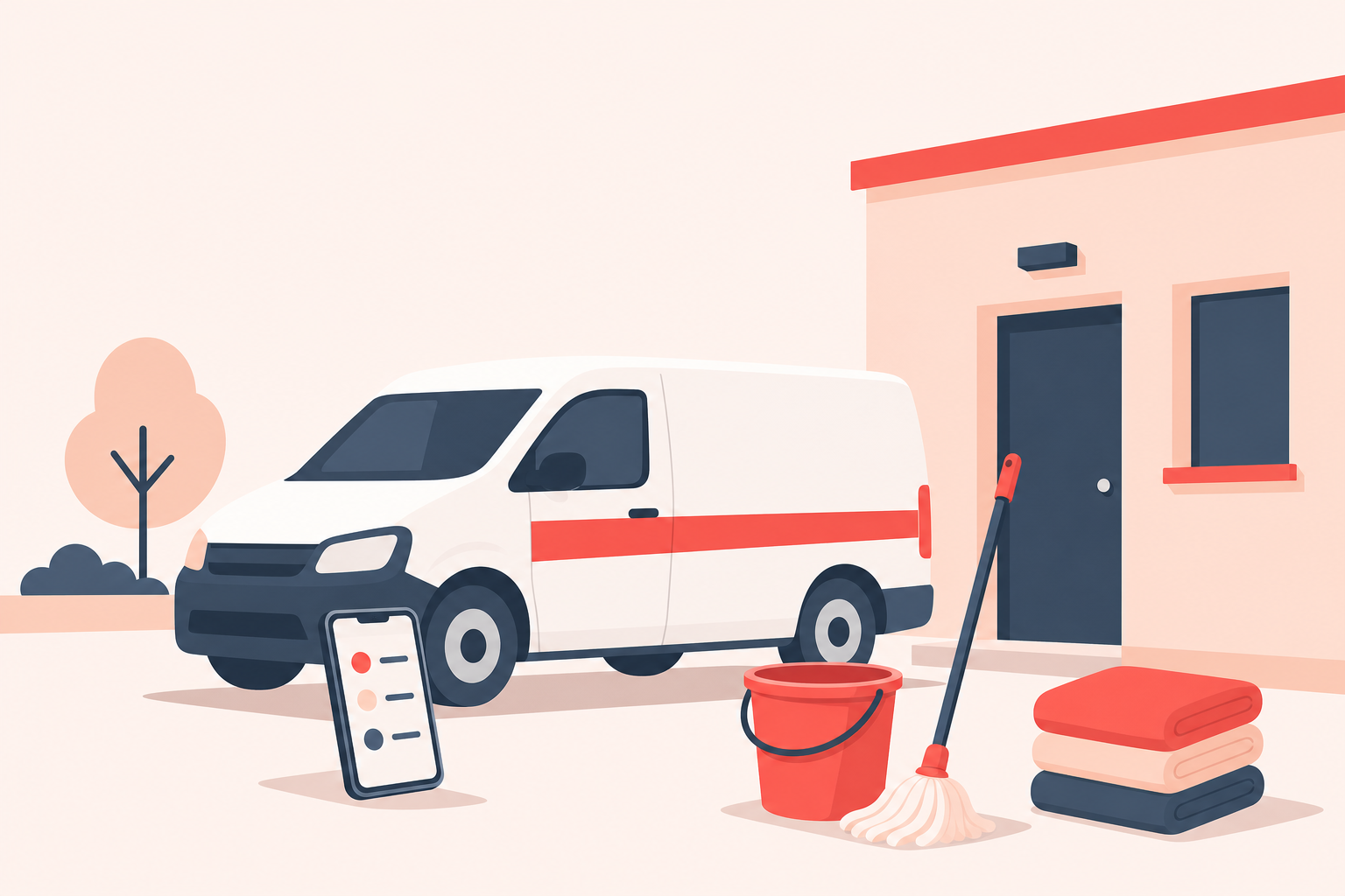 A cleaning company van parked outside a house, with a mop, bucket, folded towels and a phone showing a checklist.