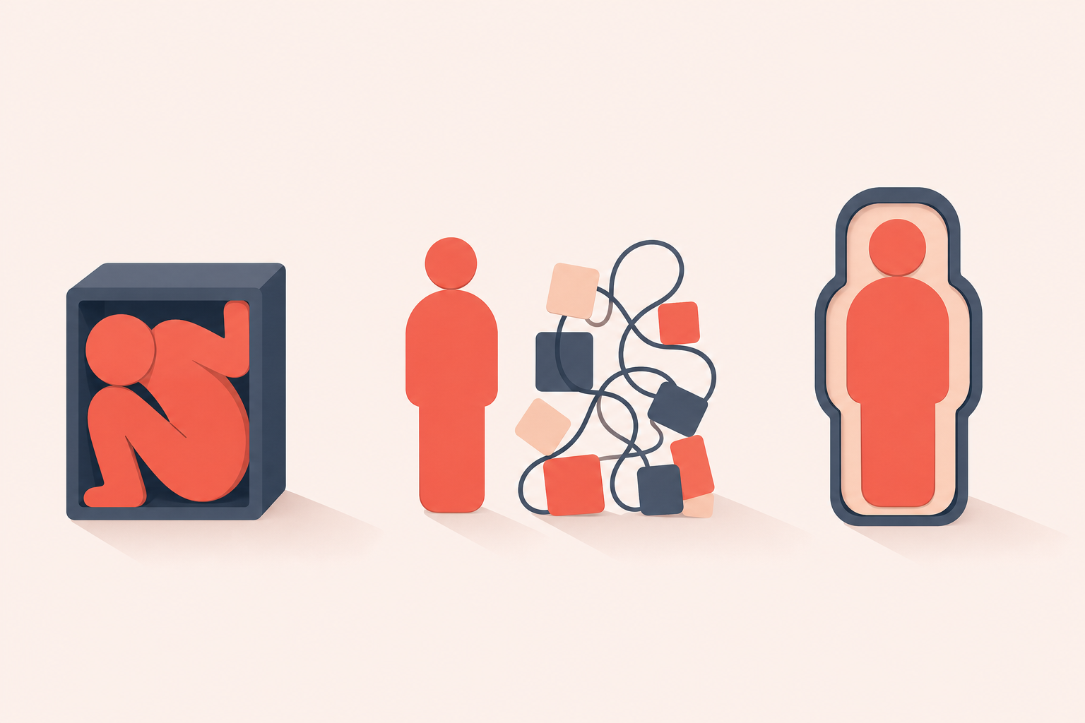 Three figures: one cramped inside a box, one standing next to a tangle of connected squares, and one inside a shape cut exactly to fit them.