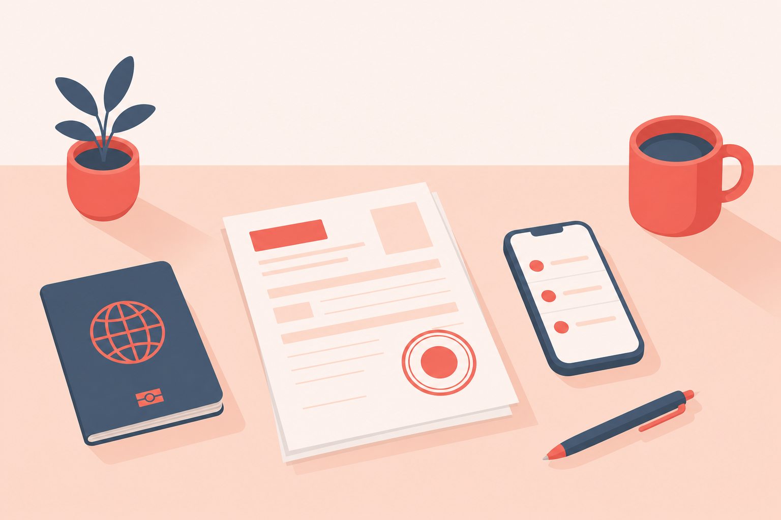 A desk with a passport, a stamped application form, a phone checklist, a pen, a plant and a mug of coffee.